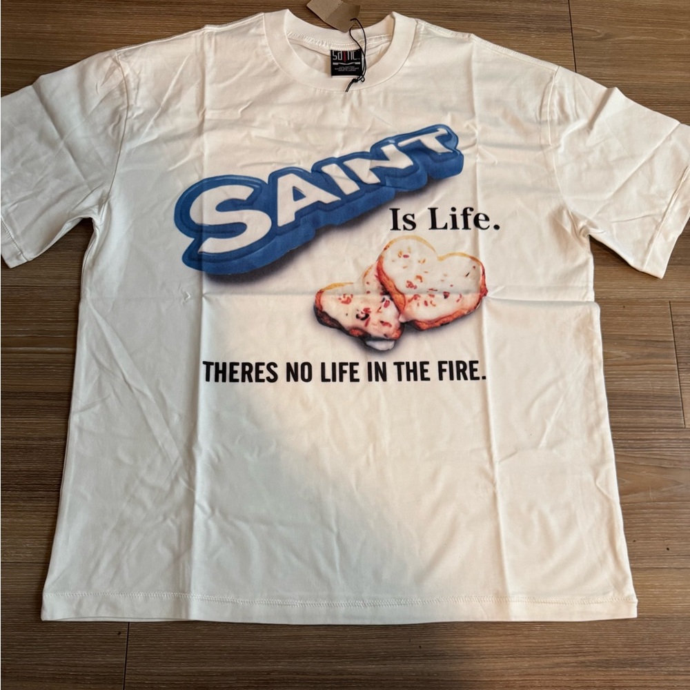 All saints White Graphic T-Shirt with Blue and Black Text